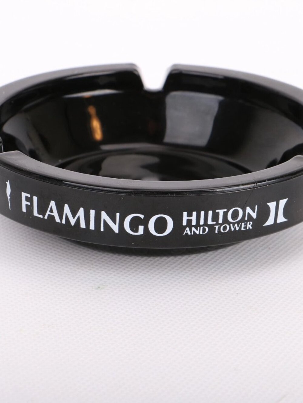 FLAMINGO HILTON AND TOWER Black Glass Ashtray Vintage